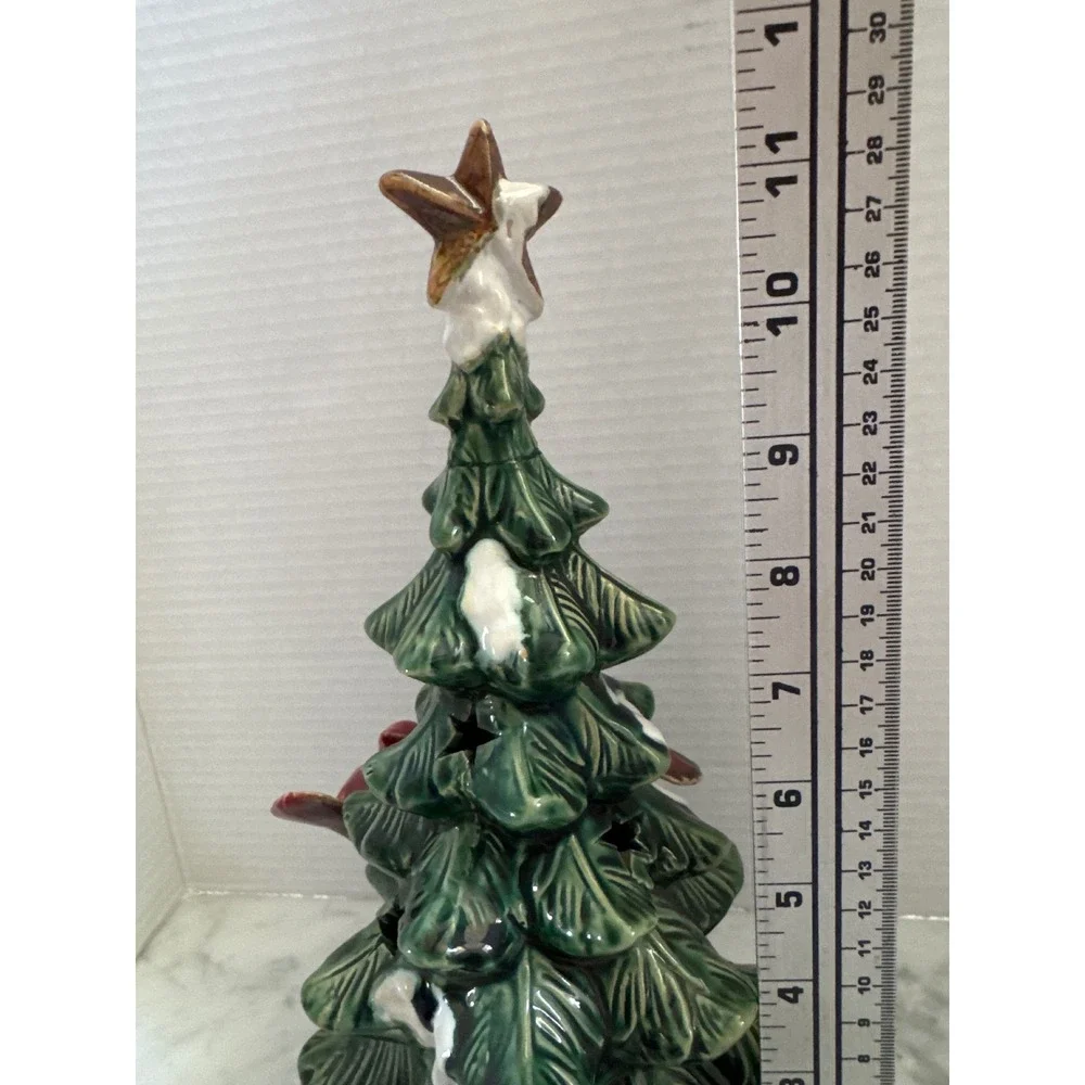 Ceramic Christmas Tree Figurine with Red Cardinals and Star Cutouts 11 Inch